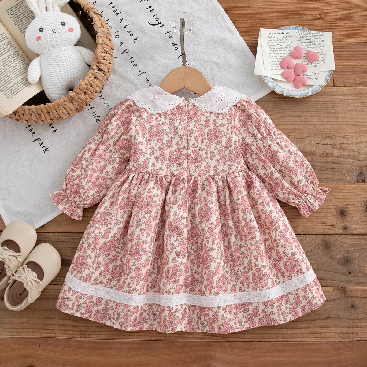 Autumn New Pink Flower Print Long Sleeved Baby Girl Dress Cute Bow Children'S Clothing (6 Months -3 Years Old)