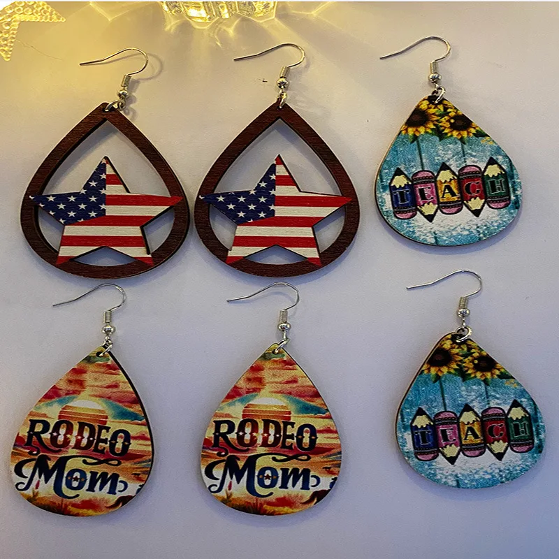 1Set New Wooden American Independence Day Flag Love Pentagram Fireworks Blooming Popcorn Water Drop Creativity Earrings