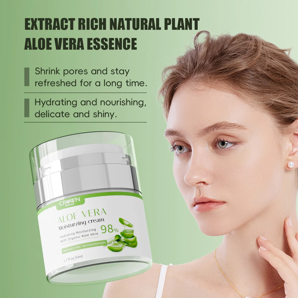 Creme Hidratante de Aloe Vera - 50g |   Sem álcool para todos os tipos de pele |   Hidrata e acalma com ácido hialurônico de vitamina C