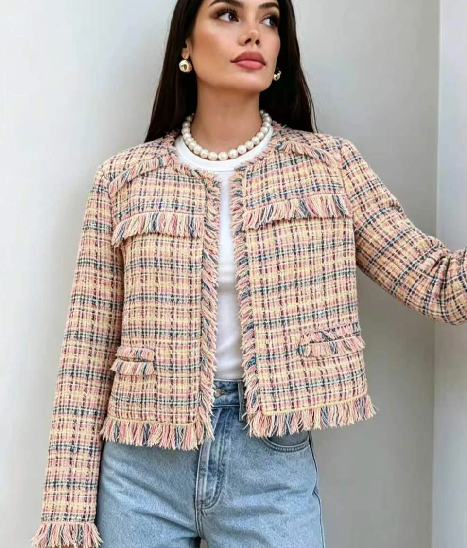 Women Colorful Check Fringed Edge Open Front Tweed Coat Elegant Long Sleeve Garment 2026 Ladies Shopping Dating Attire