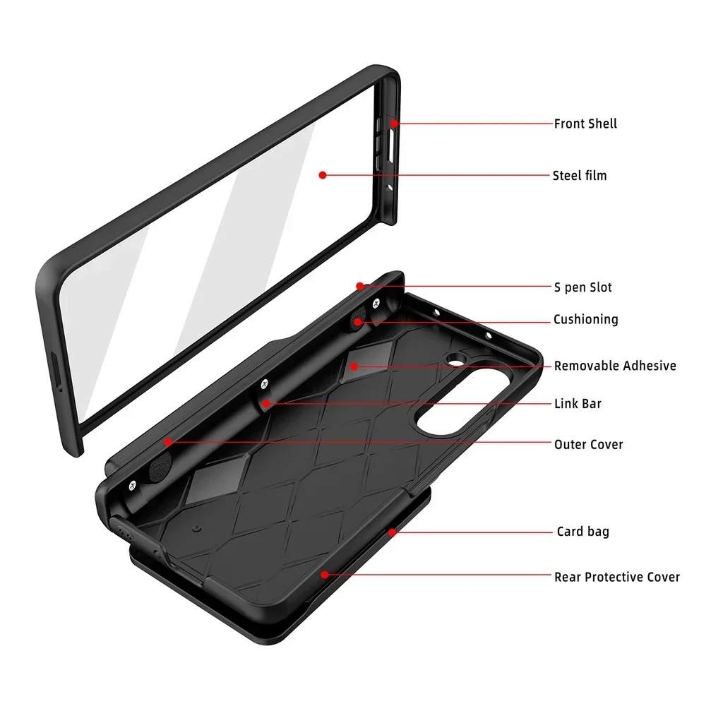 Hinge Protective S Pen Holder for Samsung Galaxy Z Fold 6 5 4 Case with Glass Film Hard Matte PC + PU Leather Wallet Card Cover