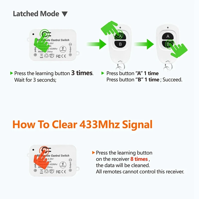 433Mhz Wireless Remote Control Switch 10A DC 6V 12V 24V 30V 36V Mini RF Relay Receiver Transmitter