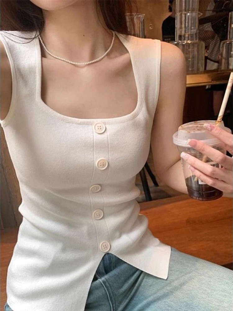

Sexy Square Neck Knitted Vest Women Summer Slim Sleeveless Split Top Fashion Casual Knitted Vest