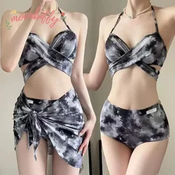 Women's Tie-Dye Push-up High Waist Covering Gauze Dress Three-Piece Swimsuit Female Swimwear