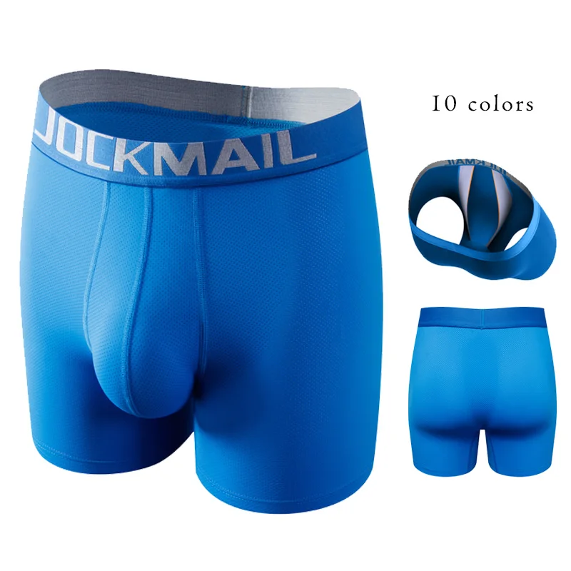 10 kolorów Jockmail długie bokserki lodowy jedwab 3D wisząca siateczkowa torba U wypukła separacja anty-drift seksowne Ropa Interior Hombre majtki