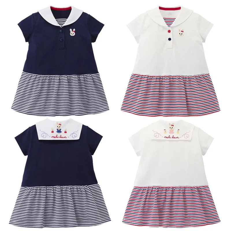 

Short Sleeve Skirt Summer New Girl Cartoon Cute Navy Collar Bunny Embroidery Dress