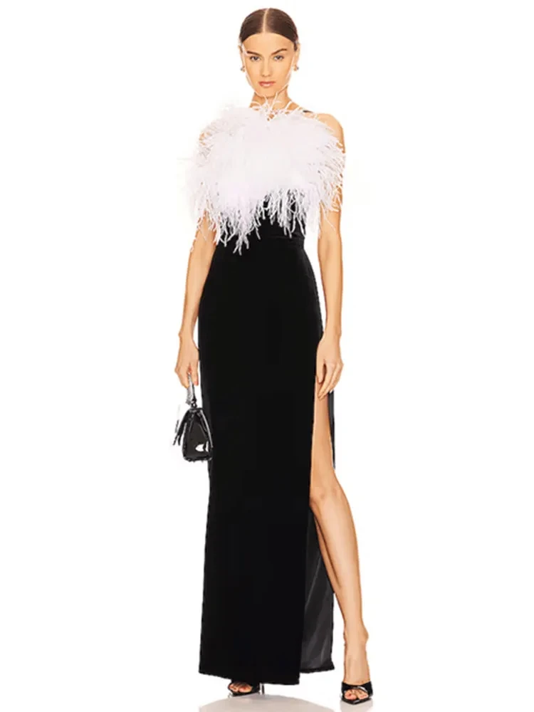 

2024 Summer Women Celebrity Sexy Backless Feather Black Maxi Long Bodycon Bandage Dress Elegant Evening Club Party Dress