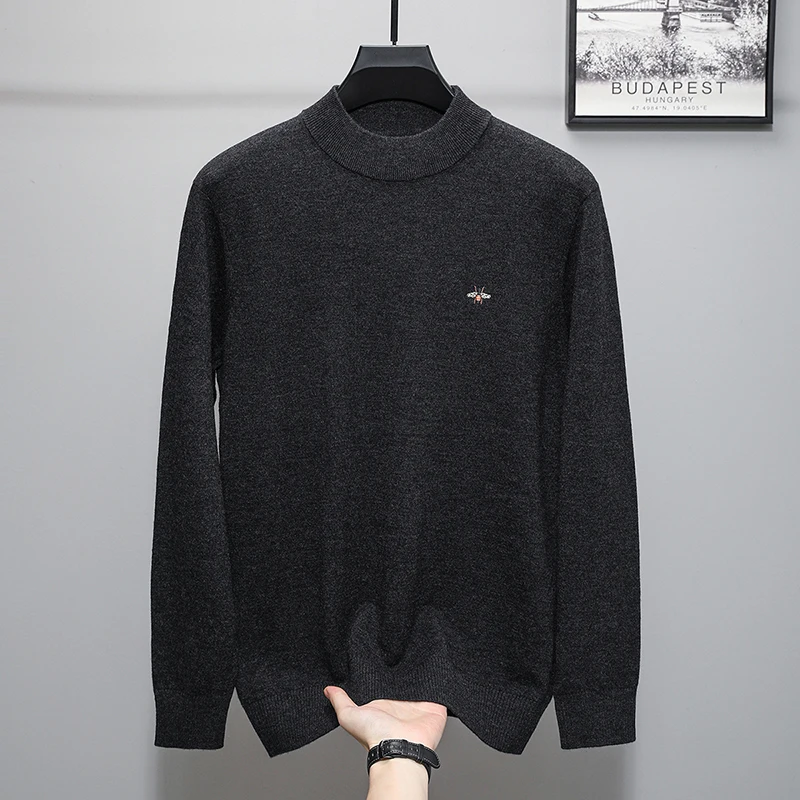 Hot Premium Brand Man Long Sleeves Knitwear 100%wool Round Neck Bee Embroidery British Style Pullover Winter Skin-Friendly Tops