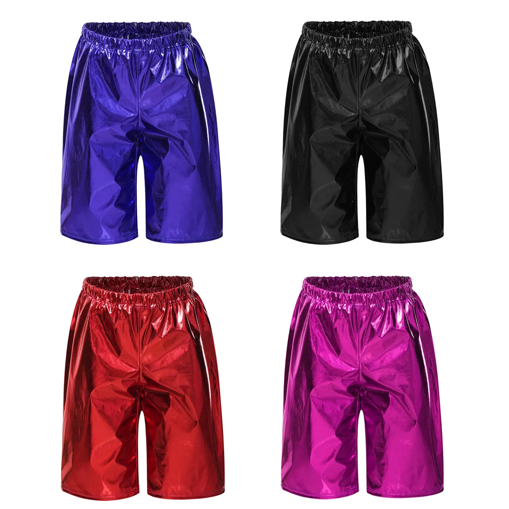 Kids Boys Metallic 1/2 Pants Shiny Gymnastics Jazz Shorts Hip Hop Costume Girls Street Dancewear Pants Party Stage Performance