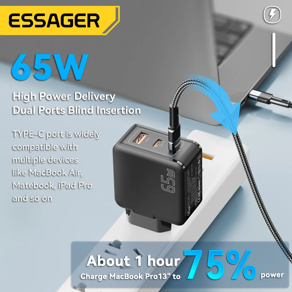 Essager GaN 65W USB C Charger Fast Charge QC4.0 Type C Charger PD3.0 USB Charger For iPhone 14 13 Pro Max MacBook Xiaomi Laptop