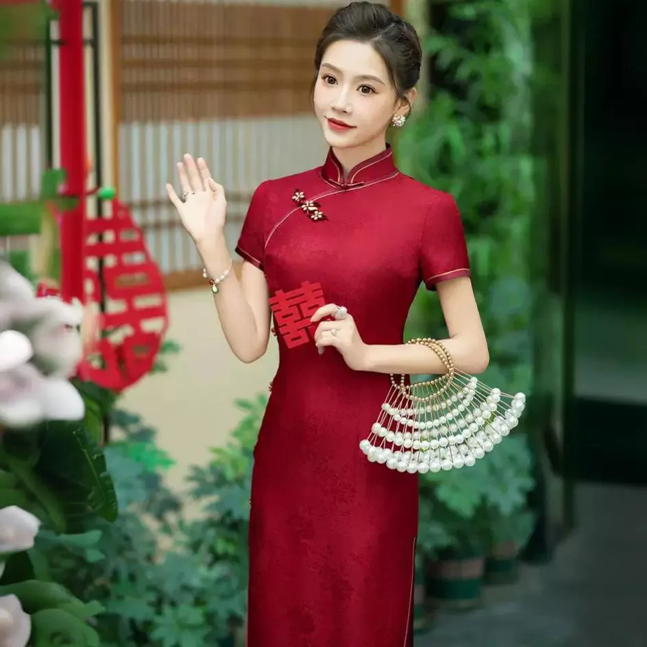 High-End Red Interwoven Cheongsam Qipao Quality Real Silk Wedding Reception Clothes Chinese Dress