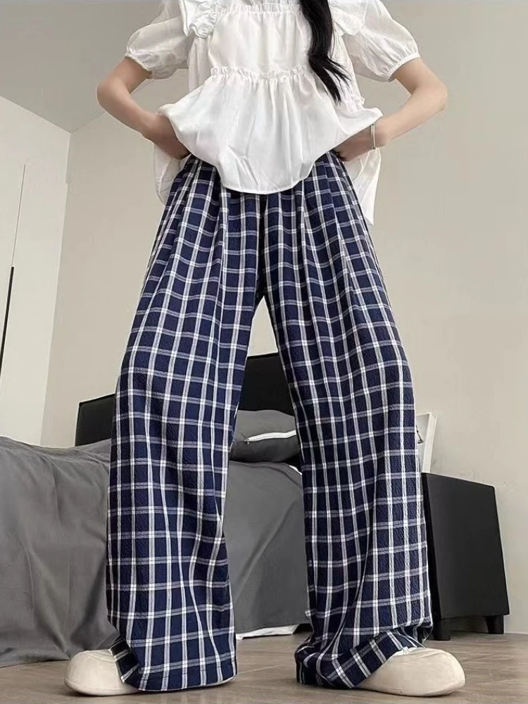 Deeptown Blue Plaid Women Pants Vintage Harajuku Oversized Wide Leg High Waist Straight Trousers Korean Fashion Jogging Casual