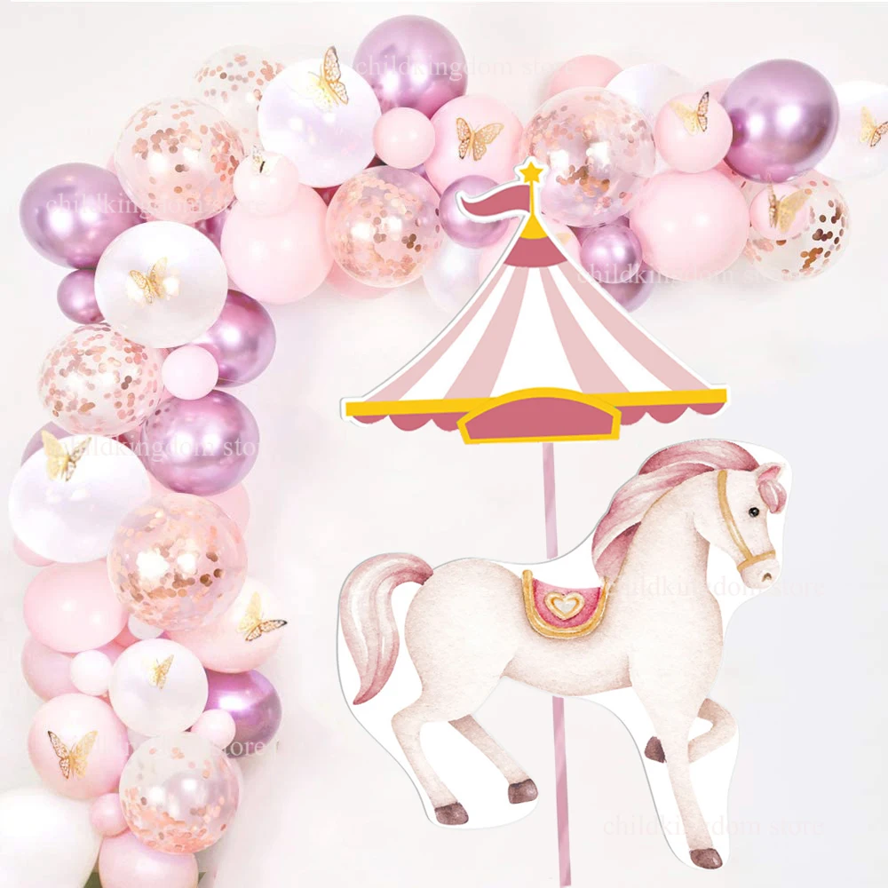 Pink Carousel Cutouts Cardboard KT Board Carnival Circus Birthday Party Backdrops for Girls Birthday Party Background Decor