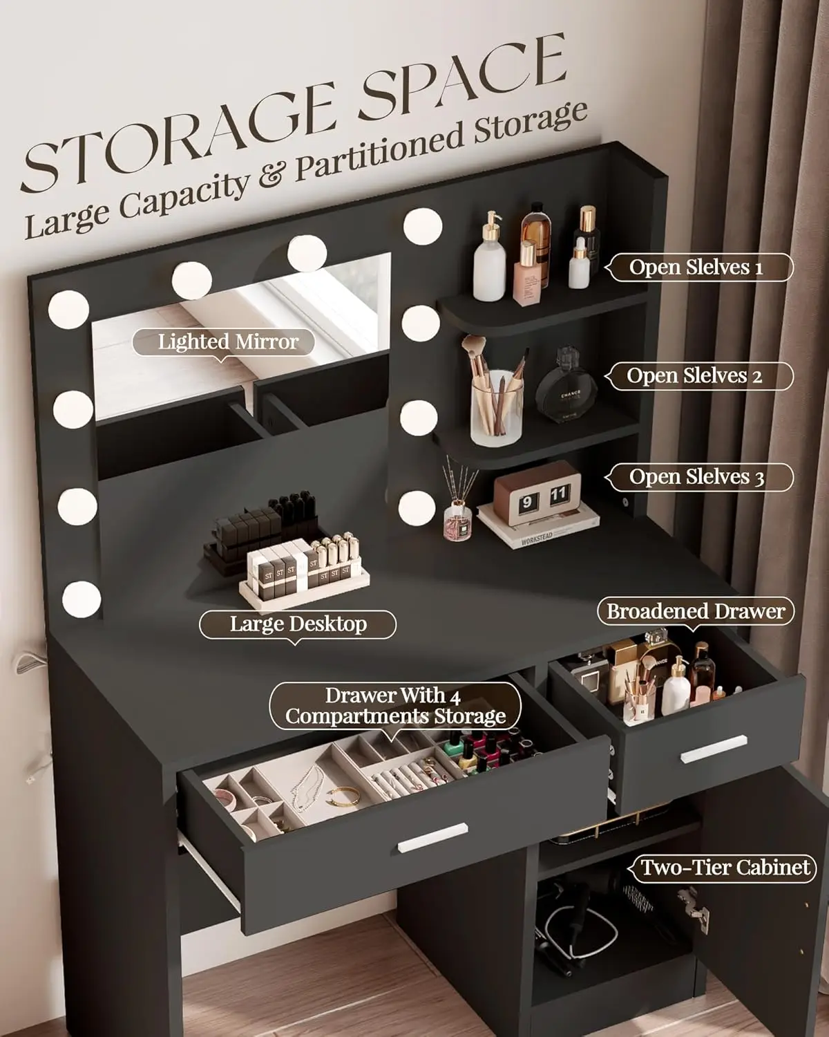 NEW Vanity with Lights, Makeup Vanity with Mirror, 3 Lighting Modes, for Bedroom, Black