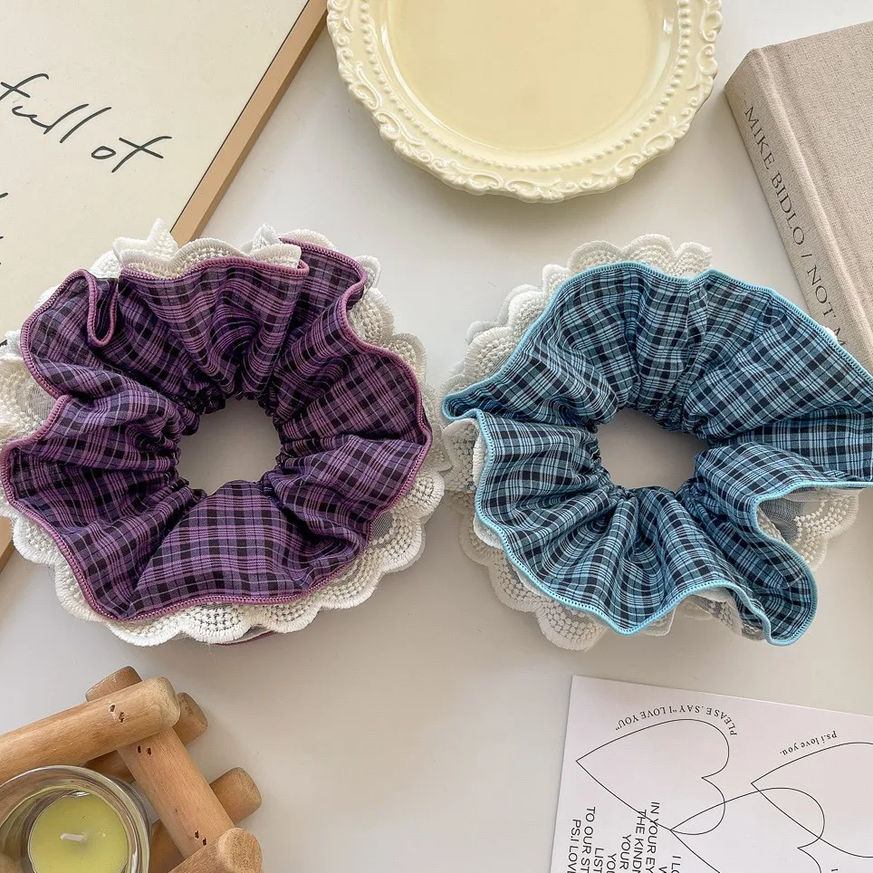 

French Style Plaid Lace Scrunchies Elastic Hair Band Fashion Hair Rope Tie Ponytail Holder Rubber Band Girl Hair Accessories 1pc