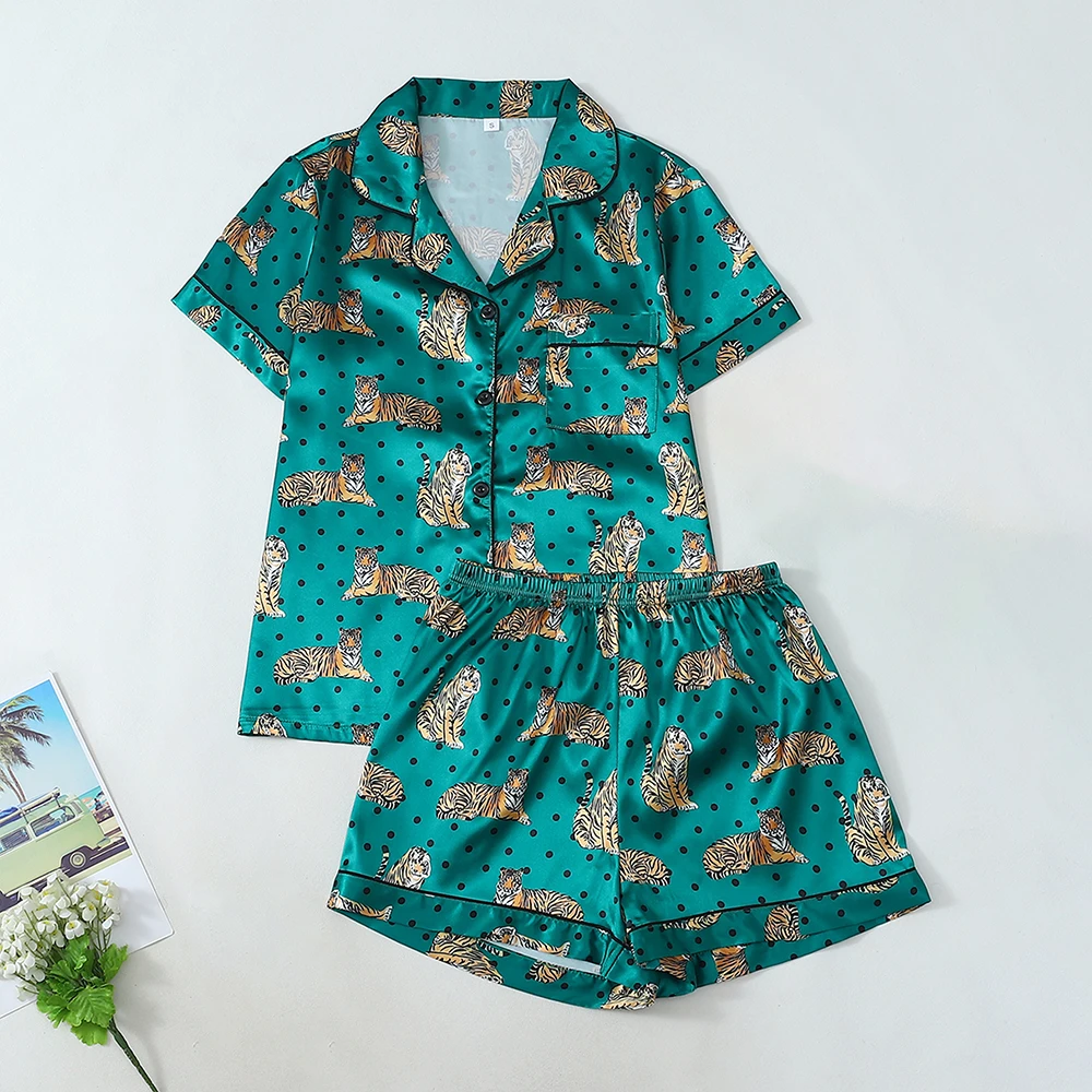 

2Pcs Cute Animal Printed Pajamas Set Summer Lapel Short Sleeve Top Loose Shorts Women Comfortable Ventilate Casual Sleepwear