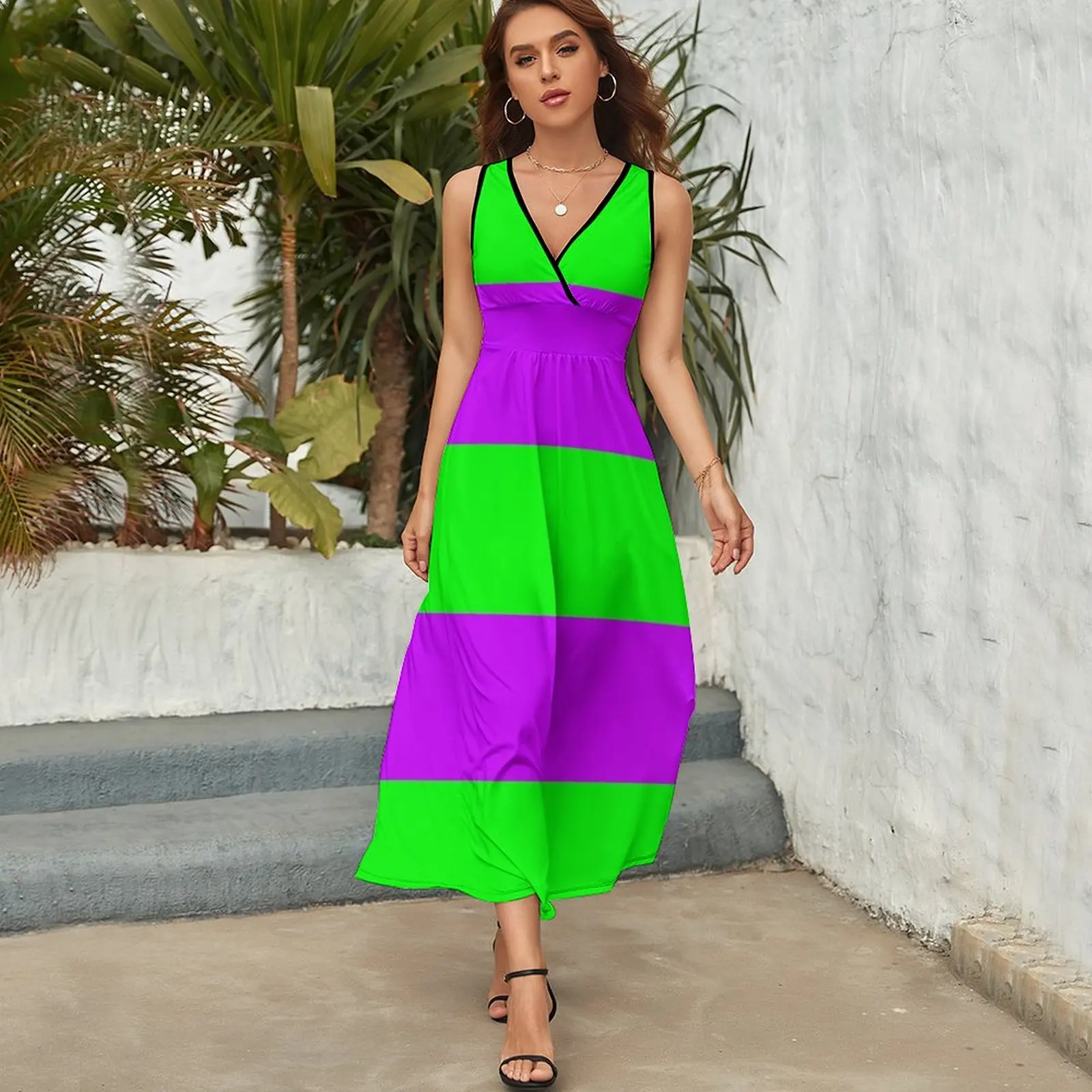 Vestido longo feminino roxo e verde neon, listras horizontais largas, sem mangas, verão, #1