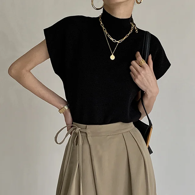 Modna kamizelka koszulowa z golfem, dzianinowy sweter z krótkim rękawem, luźny, elegancki, uniwersalny, prosty top do biura.