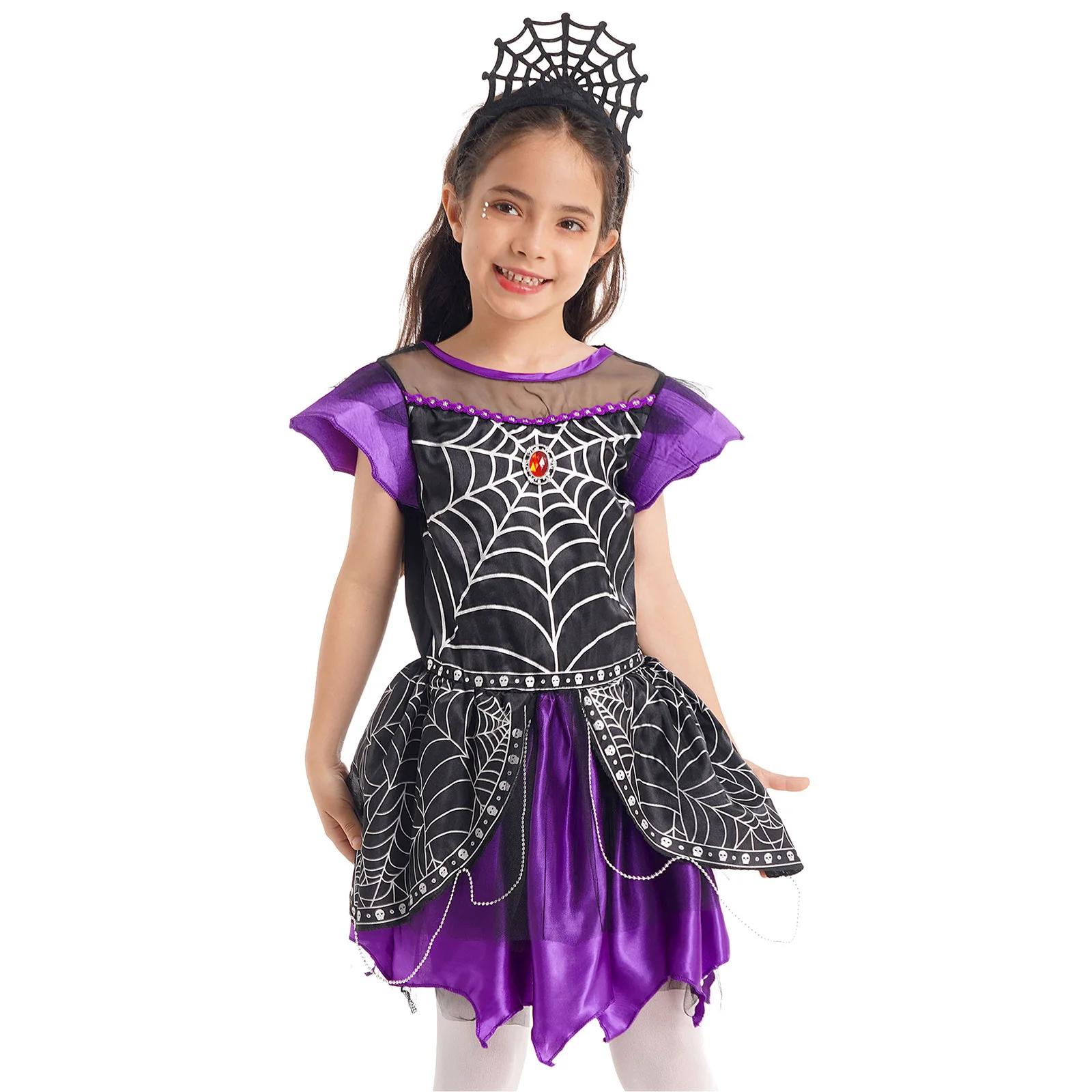 Kids Girls Spider Queen Costume Halloween Cosplay Dress Carnival Party Spider Net Print Roleplay Dress Up Clothes con copricapo