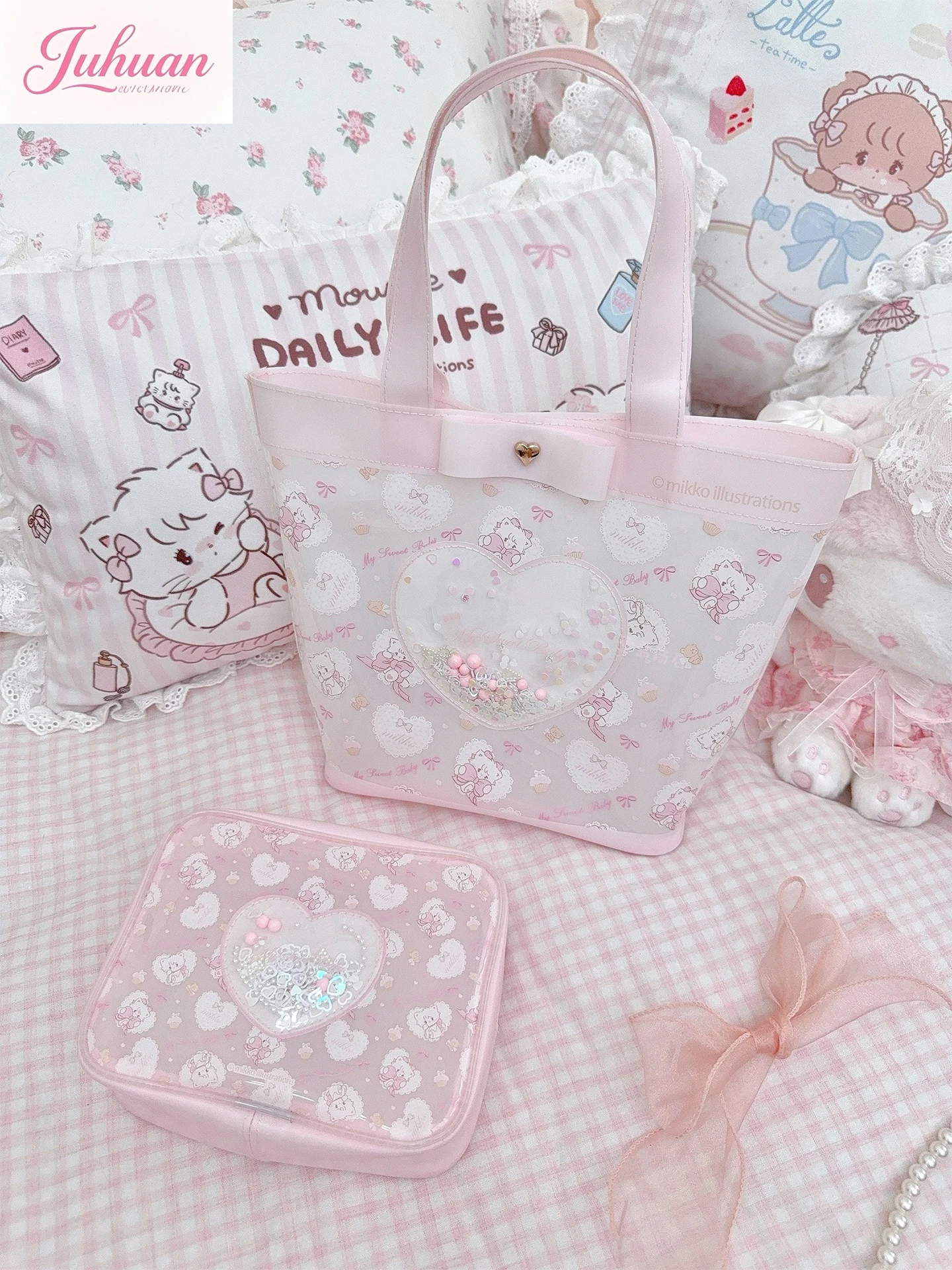 

Sweet Cute Cartoon Love Jelly Bag Translucent Pvc Makeup Storage Bags Ladies Traveling Swimming Waterproof Hand Bag for Women