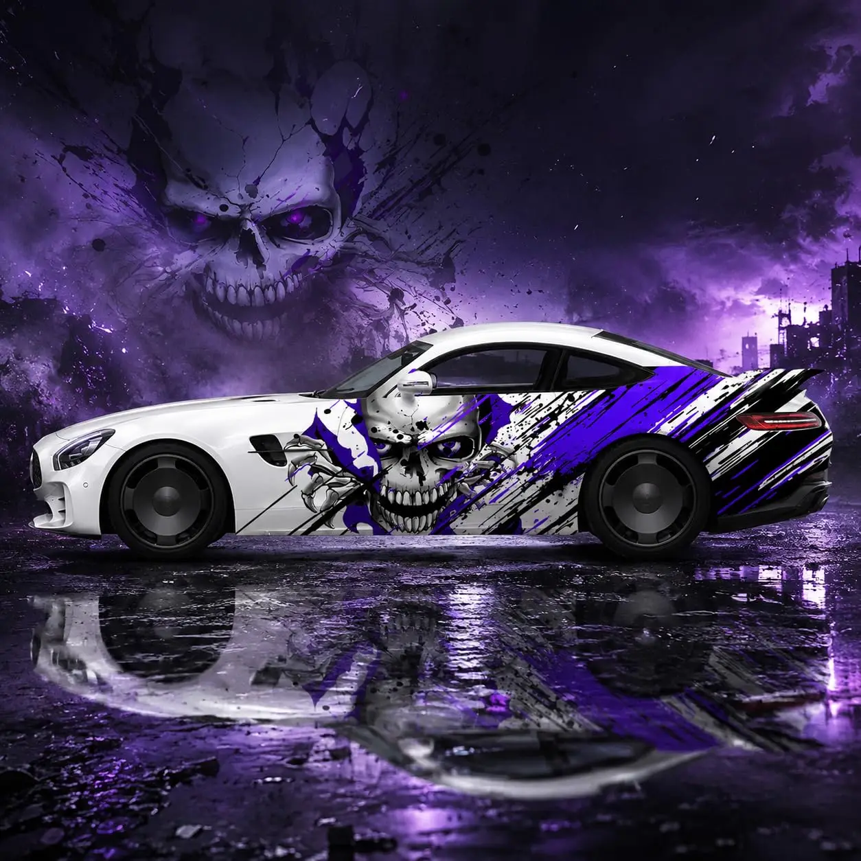 2pcs Skull Car Wrap Vinyl Decal, Purple & Black Splatter Design