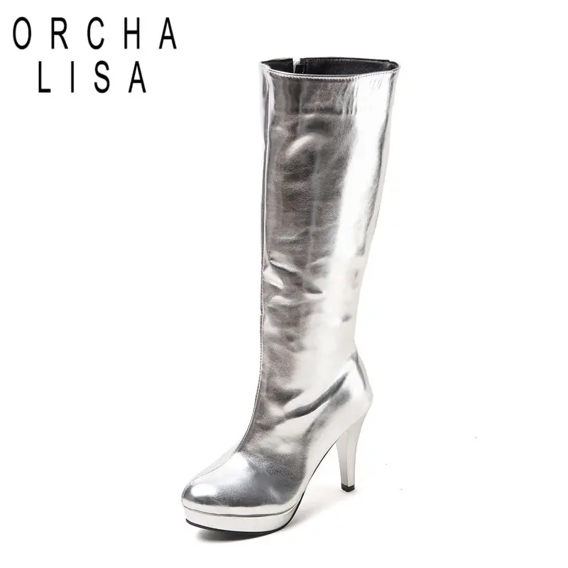 Bottines hautes pour femmes ORCHA LISA, bout rond doré, talon haut de 9,5 cm, hauteur de plateforme de 2 cm, fermeture éclair, pointures 32 33 47 48.