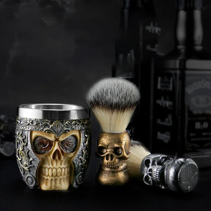 Skull Head Shaving Brush Barbershop Beard Brush Shaver Bowl Kits Men Barber Salon Supplies Beard Shaving Set Barber Accessories