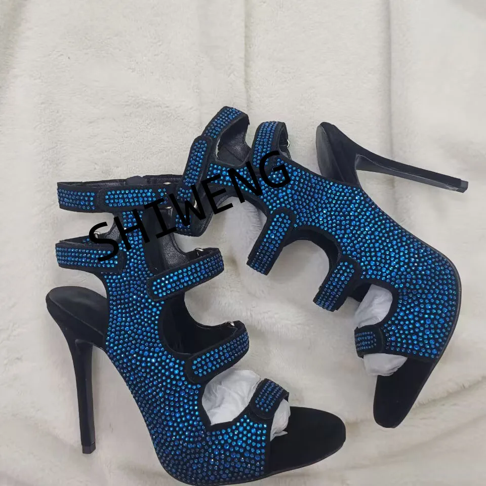 Summer 2025  Women Rhinestone Open Toed Sandals Fashion Round Toe Slim Heel Sandals Sexy Wrapped Party Sandals 35-44
