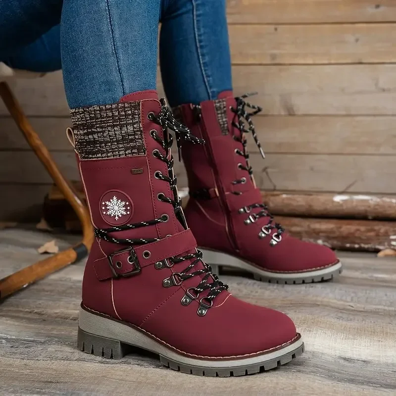Women\'s Winter Side-pull Lace-up Knitted Mid-tube Boots Low-heeled Round-toe Boots High-quality Winter Warm Boots Botas De Mujer