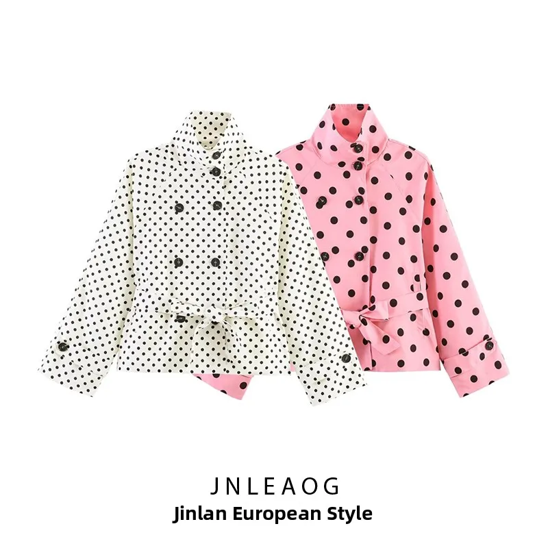 Spring New Arrival Women's Fashion Versatile Design Belted Polka Dot Coat Jacket Standard Fit Long Sleeve Polyester Fiber