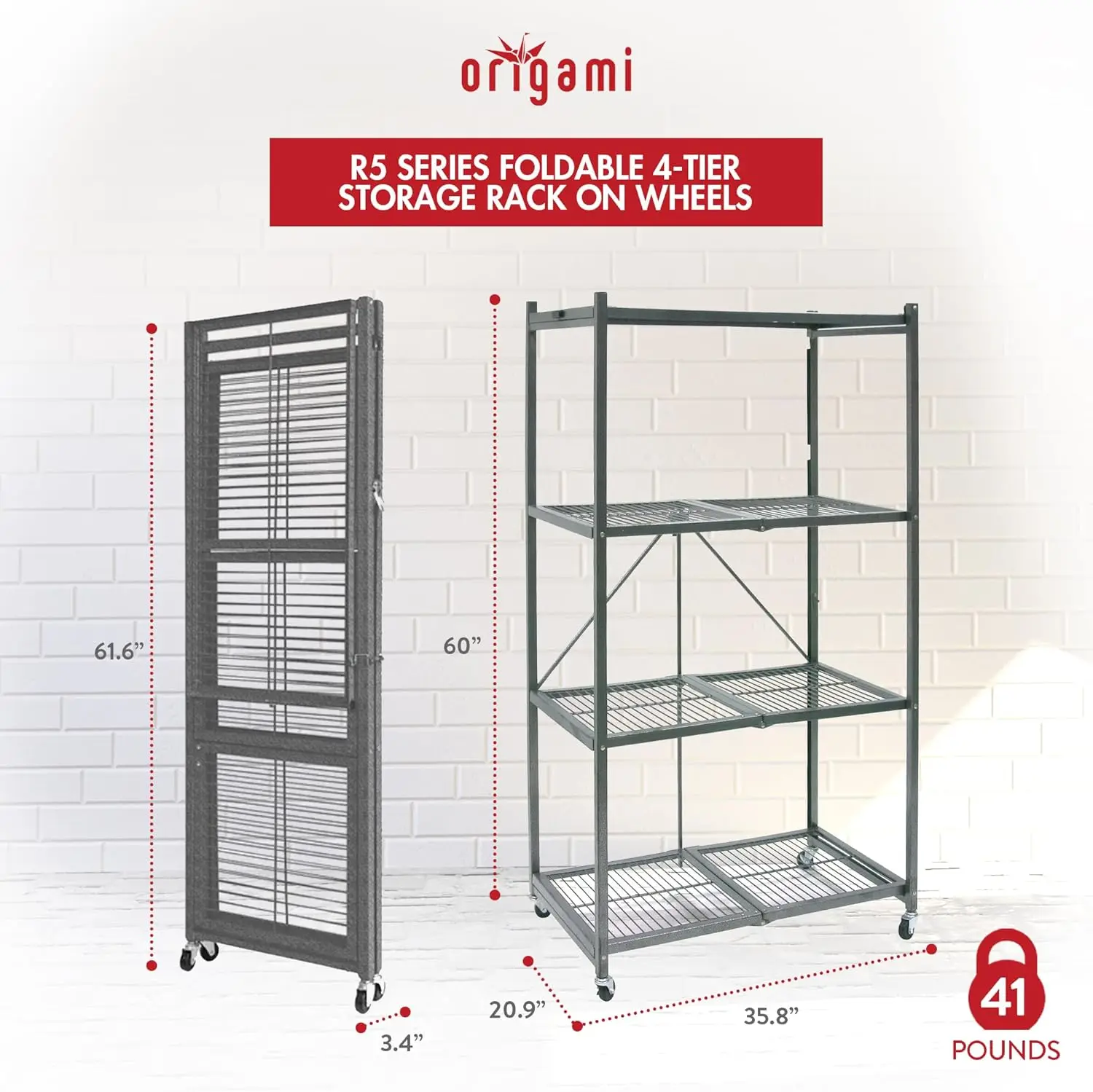 4 Tier Foldable Heavy Duty Metal Garage Storage Shelf Rack with Wheels and Powder Coated Steel for Organization, Gray