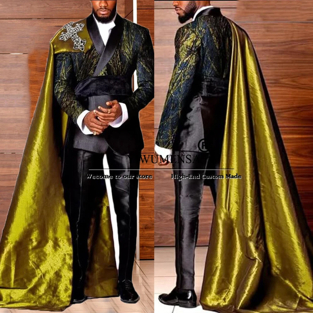 Elegant Floral Pattern Suits Men Formal Party Groom Wedding Tuxedo Customized Prom Blazer With Cape Long 2-Pieces costumes homme