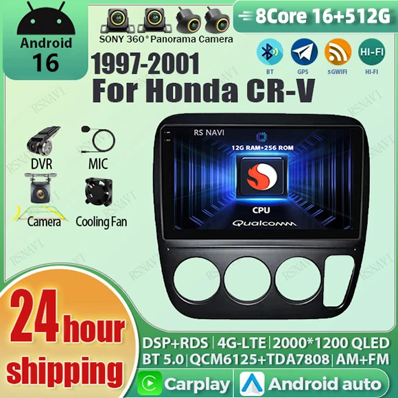 Android 16 Qualcomm wifi+4G Carplay  AUTO BT Car Radio For Honda CRV CR-V 3 2004 - 2006 RHD 16G - 512G  GPS 2K Player 2K QLED BT