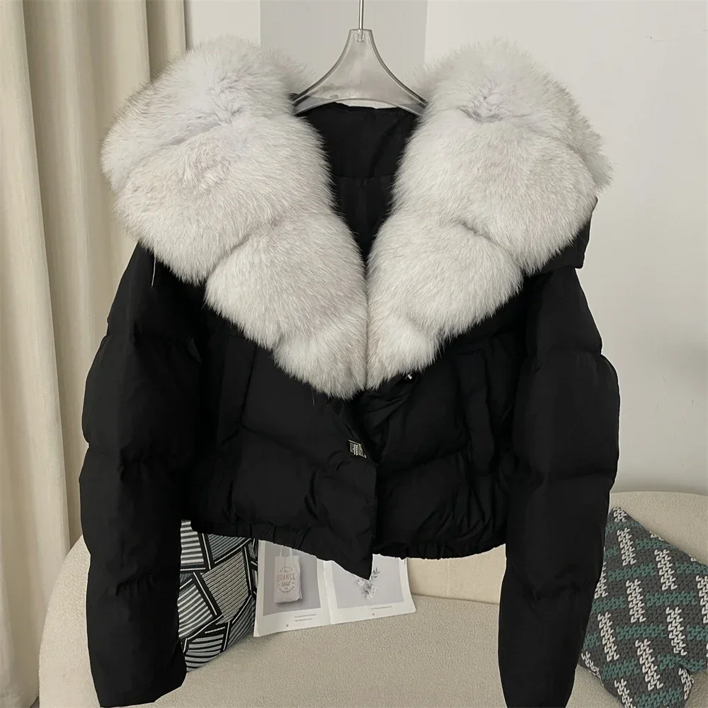 Real Fox Fur Jacket Detachable Women Short Puffer Jacket Thick New Big Natural Autumn Winter Female White Duck Down Coat Feather