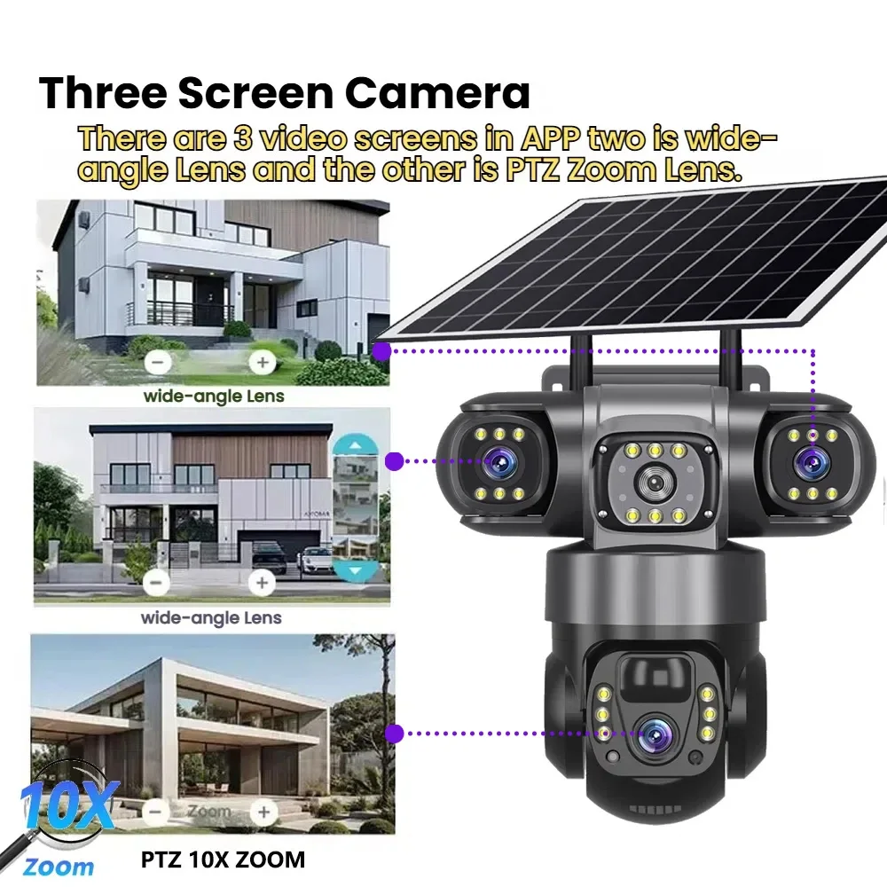 

12MP HD Solar Outdoor 3 Lens 3 Screen 10X Zoom CCTV Night Vision IP66 Waterproof PIR Human Detect Wifi Security