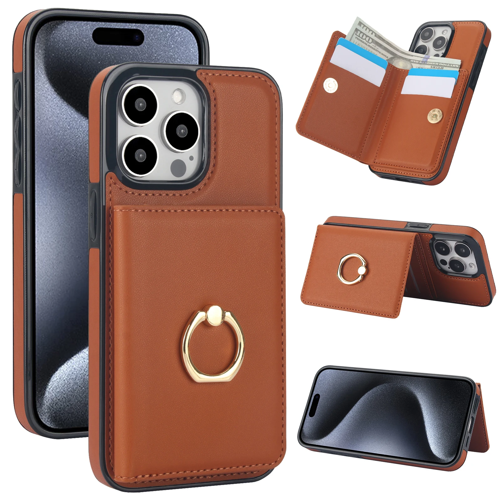 

Shockproof Leather Credit Card Holder Wallet Case for iPhone 15 Pro Max 14 13 12 11 XR XS, Flip Kickstand Heavy Duty Ring Cover