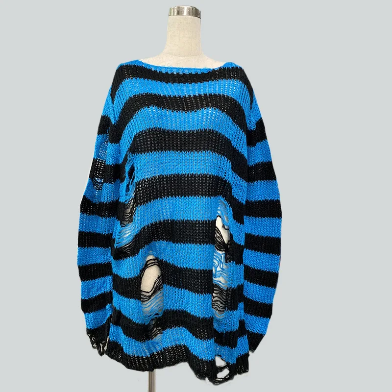 Fashion Loose Striped Ripped Sweater Women Cover Up Pullover Hole Thin Top Street Autumn Long Sweaters Sexy Long Sleeve Clothing