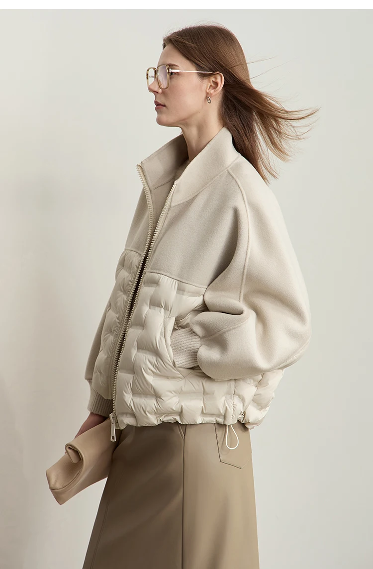 AMII Down Coats 100% Wool Stand Collar Loose Spliced Jackets for Woman 2024 Winter Warm New Casual Versatile Jacket 12454007