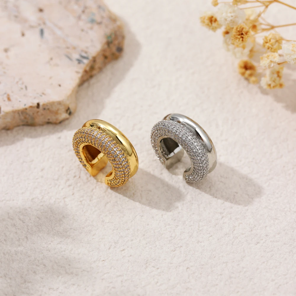 1pcs Delicate CZ Zircon Double Layer C-shape Chunky Cuff Earrings Stainless Steel No Piercing Cartilage Ear Clip Luxury Jewelry