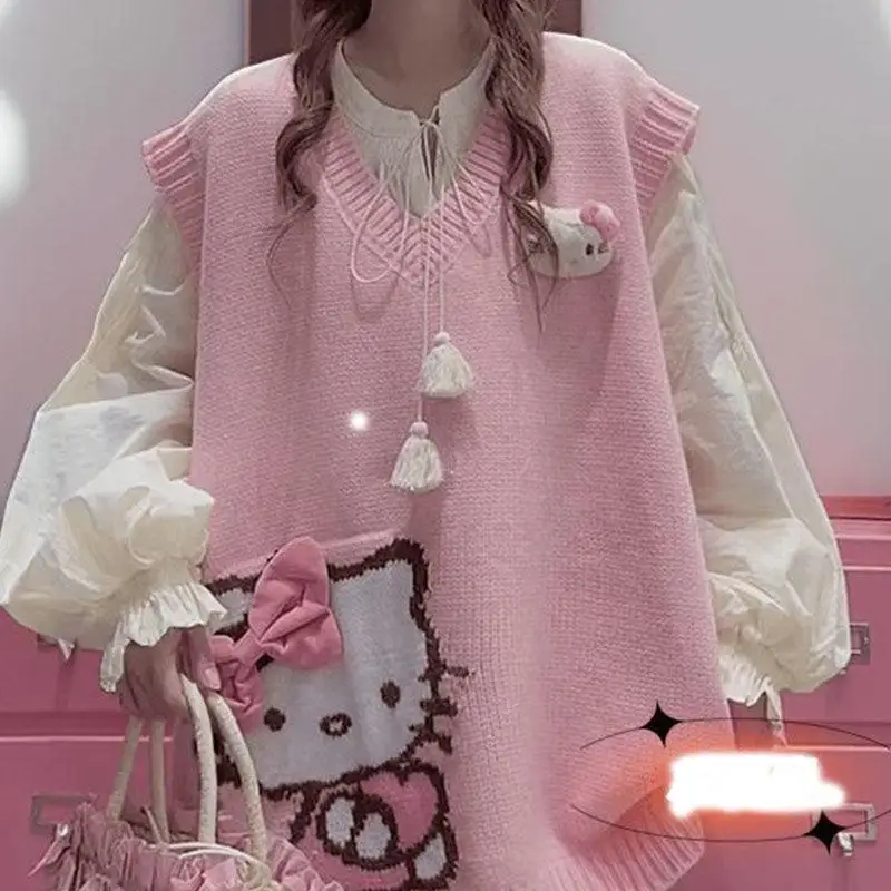 2024 New Hello Kittys Cartoon Vest Kawaii Sanrios Sweater Anime Jacquard Weave 3D Doll V-Neck Loose Knitted Vest Toys Girl Gifts