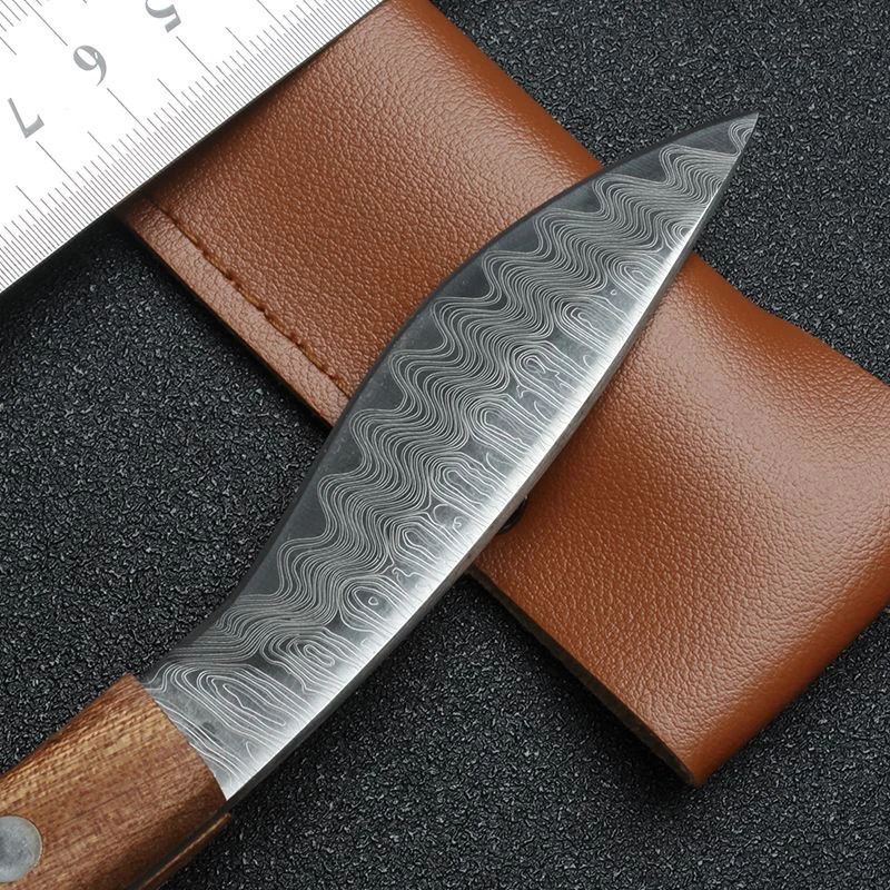 Damascus Patterned Hand Forged Meat Knife Leather Cover Barbecue Meat Camping Outdoor Multi Purpose High Hardness Small Knife