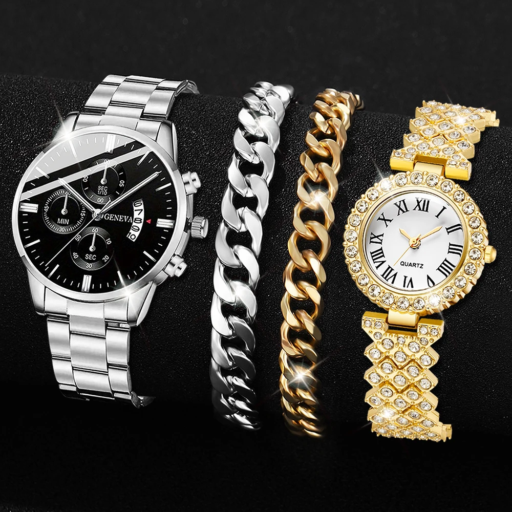 4 Piece Couple Watch Fashionable And Simple Rhinestone Women\'s Quartz Watch Alloy Strap Men\'s Watch Bracelet Set