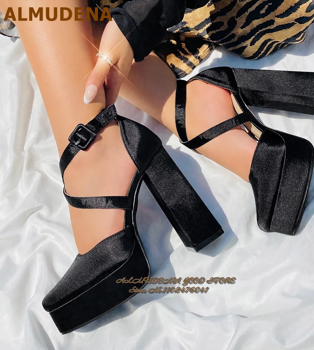 ALMUDENA Champagne Black Satin Cloth Chunky Heel Dress Pumps Platform Cross Strap Buckle Banquet Shoes Elegant Women Footwear