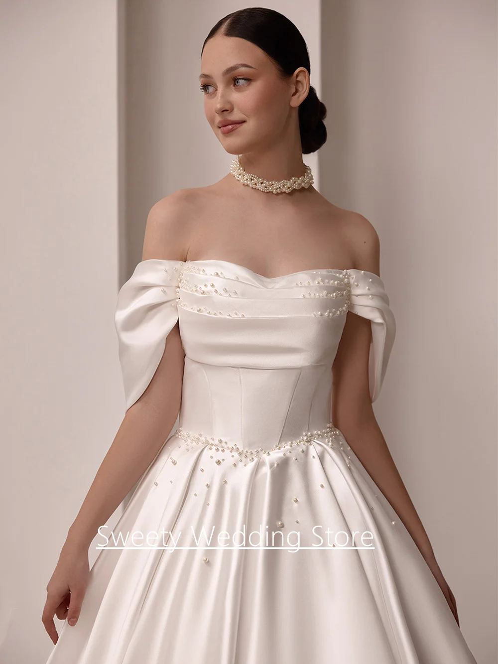 فستان الزفاف الحديث مخصص قبالة الكتف الحبيب اللؤلؤ ألف خط قطار المحكمة الساتان ثوب الزفاف Vestidos De Novia