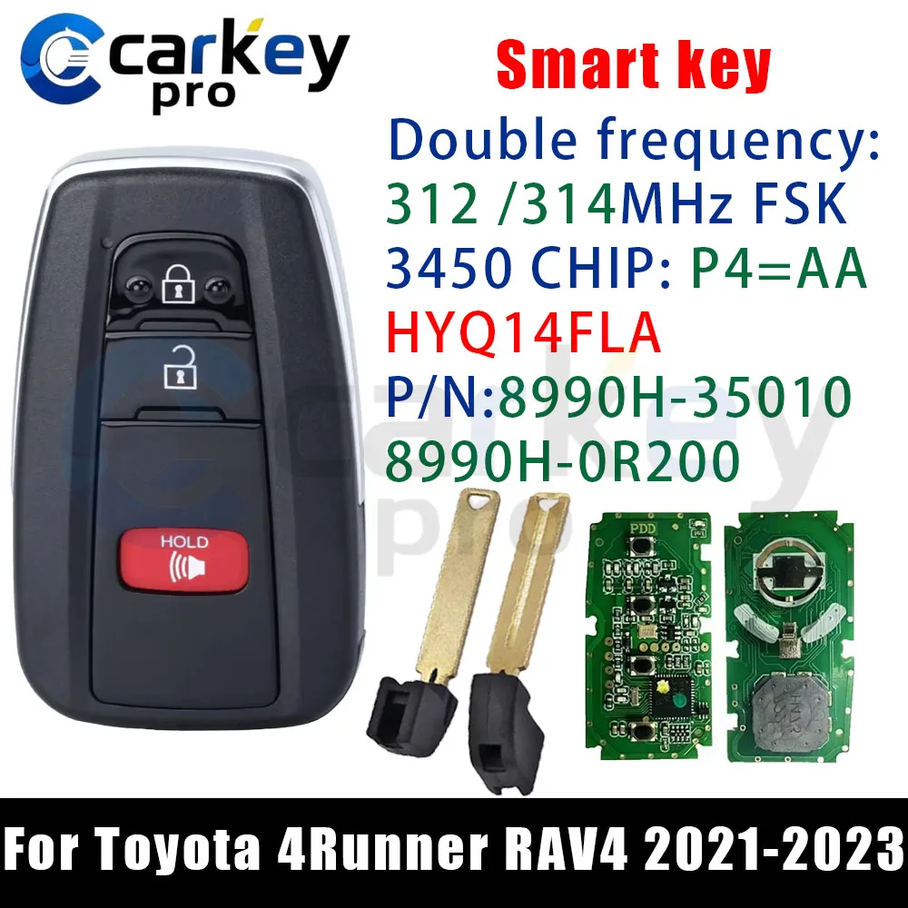 Carkeypro 2+1Buttons Smart Key 312/314Mhz HYQ14FLA 3450 CHIP: P4=AA 8990H-35010,8990H-0R200 For Toyota 4Runner RAV4 2021-2023