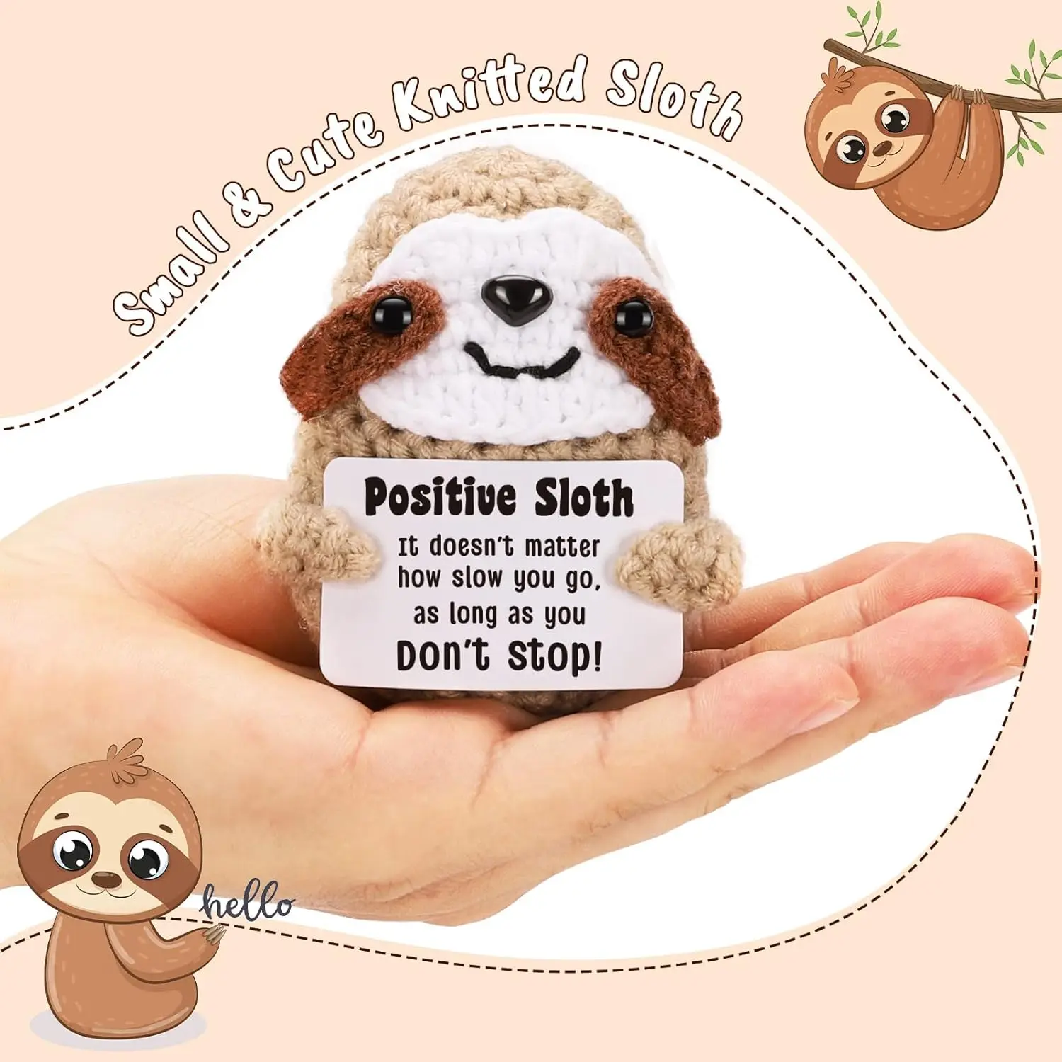 Handmade Knitting Emotional Support Sloth Animal Ornament Christmas Gift Positive Crochet Sloth Doll with Card Home Room Decor