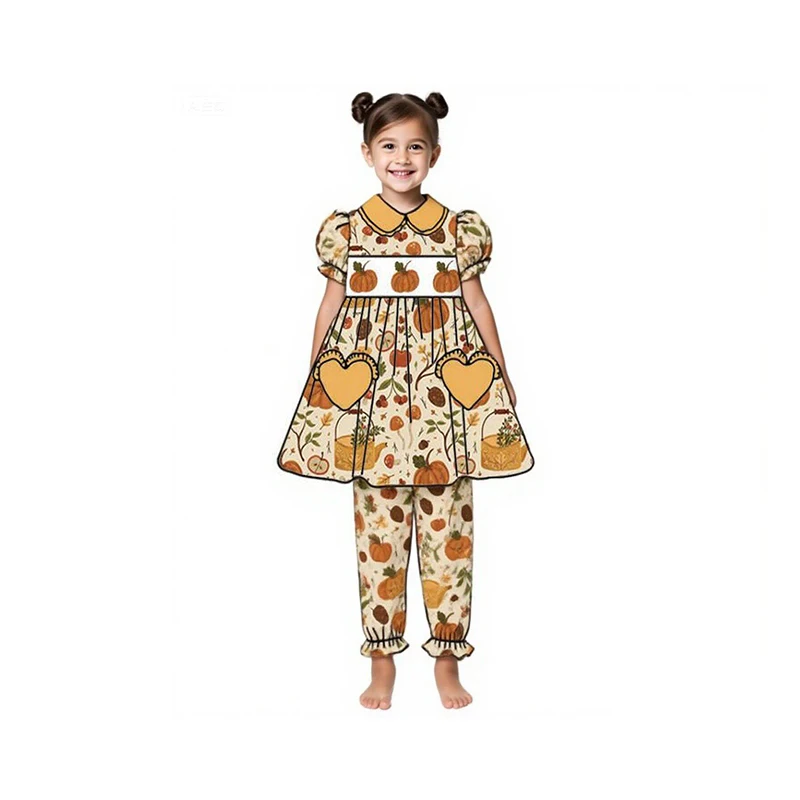

Wholesale High Quality Thanksgiving Pajama Set Pumpkin Rattan Pajama Set Boutique Children's Clothing