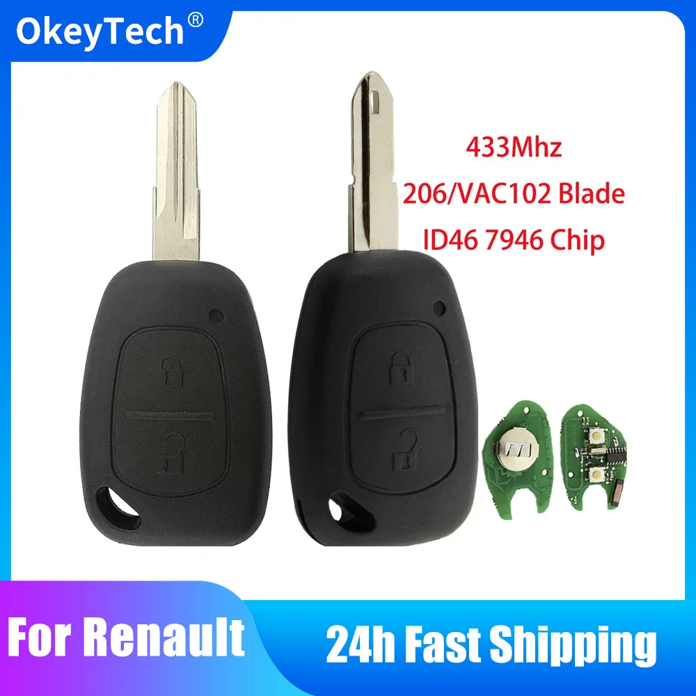 

OkeyTech 2 Button Transponder ID46 Chip Remote Key For Renault 206 Traffic Master Vivaro Movano Kangoo Uncut 206/VAC102 Blade