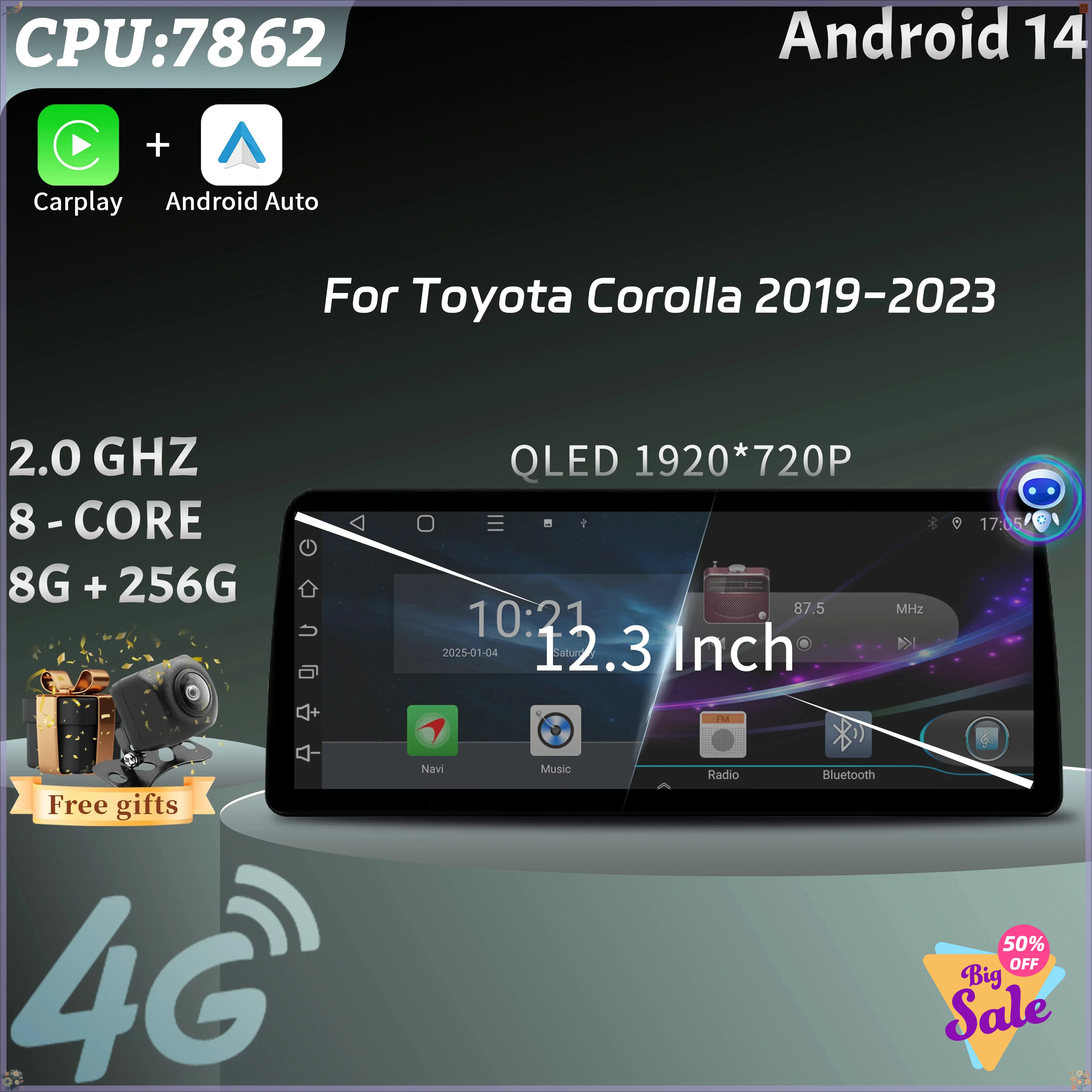 12.3inch Android 14Car Radio For Toyota Corolla 2019-2023  Navigation 4G GPS Multimedia Wireless  BT Carplay Screen Stereo