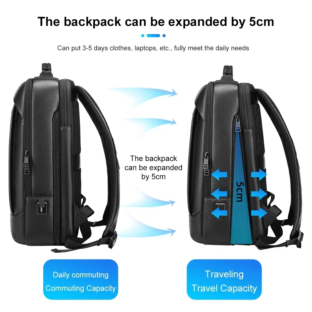 Mochila impermeável de couro genuíno masculina, couro de vaca de camada superior, pacote de negócios casual masculino, laptop com usb, novo, 2024